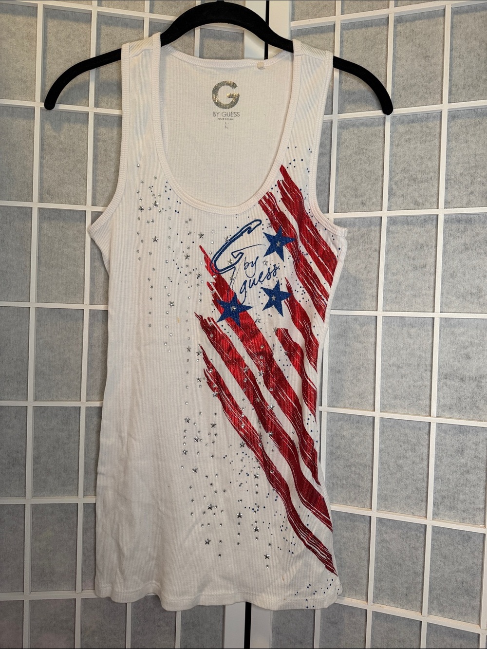 G by Guess White Tank Top with Red & Blue Star Flag Design